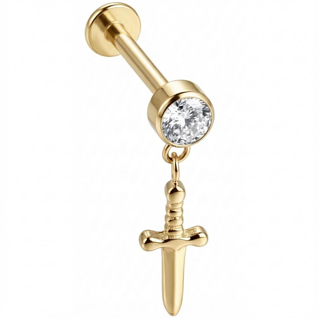 Titanium Labret Dangling Dagger With Clear Crystal - Image 3